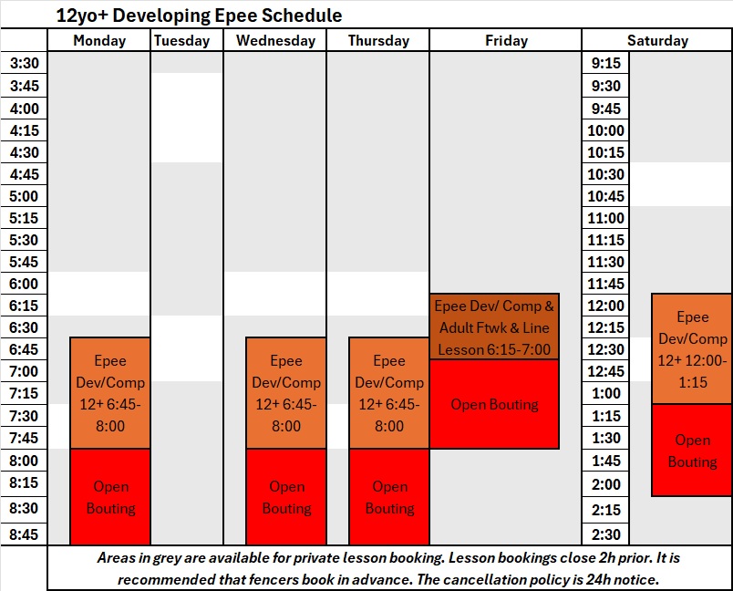 Schedule Epee 12yo+ Dev