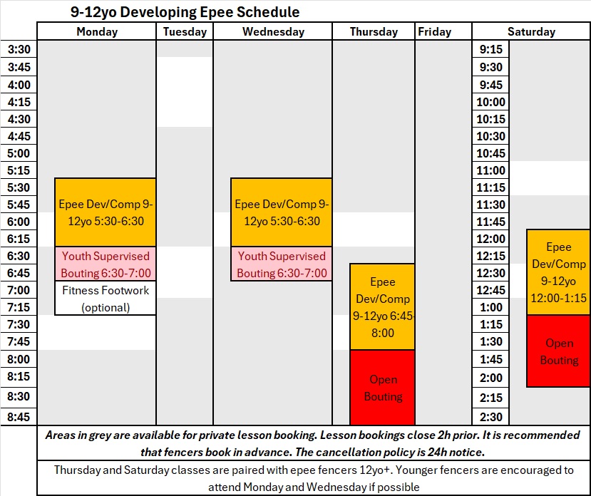 Schedule Epee 9-12yo Dev