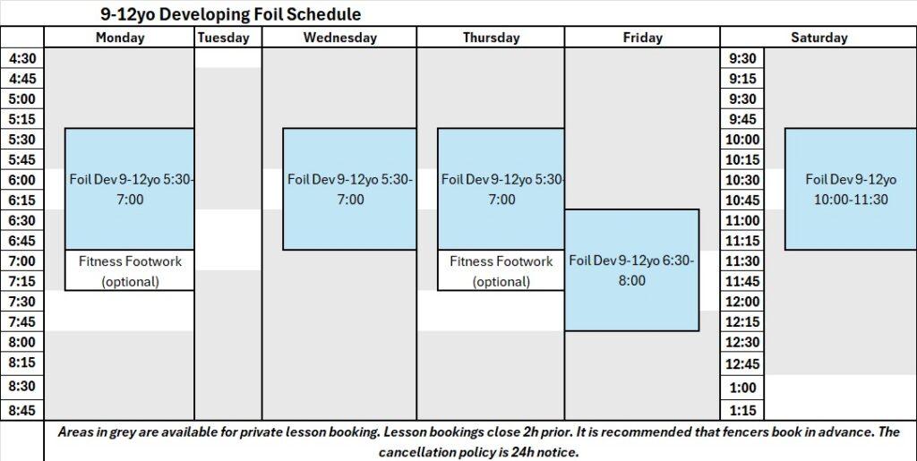 Foil 9-12yo Dev schedule 2026-27